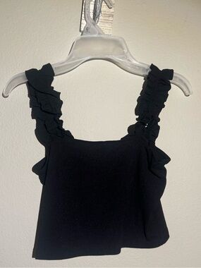 Valija Ruffled Strap Black Crop Tank Top - Women